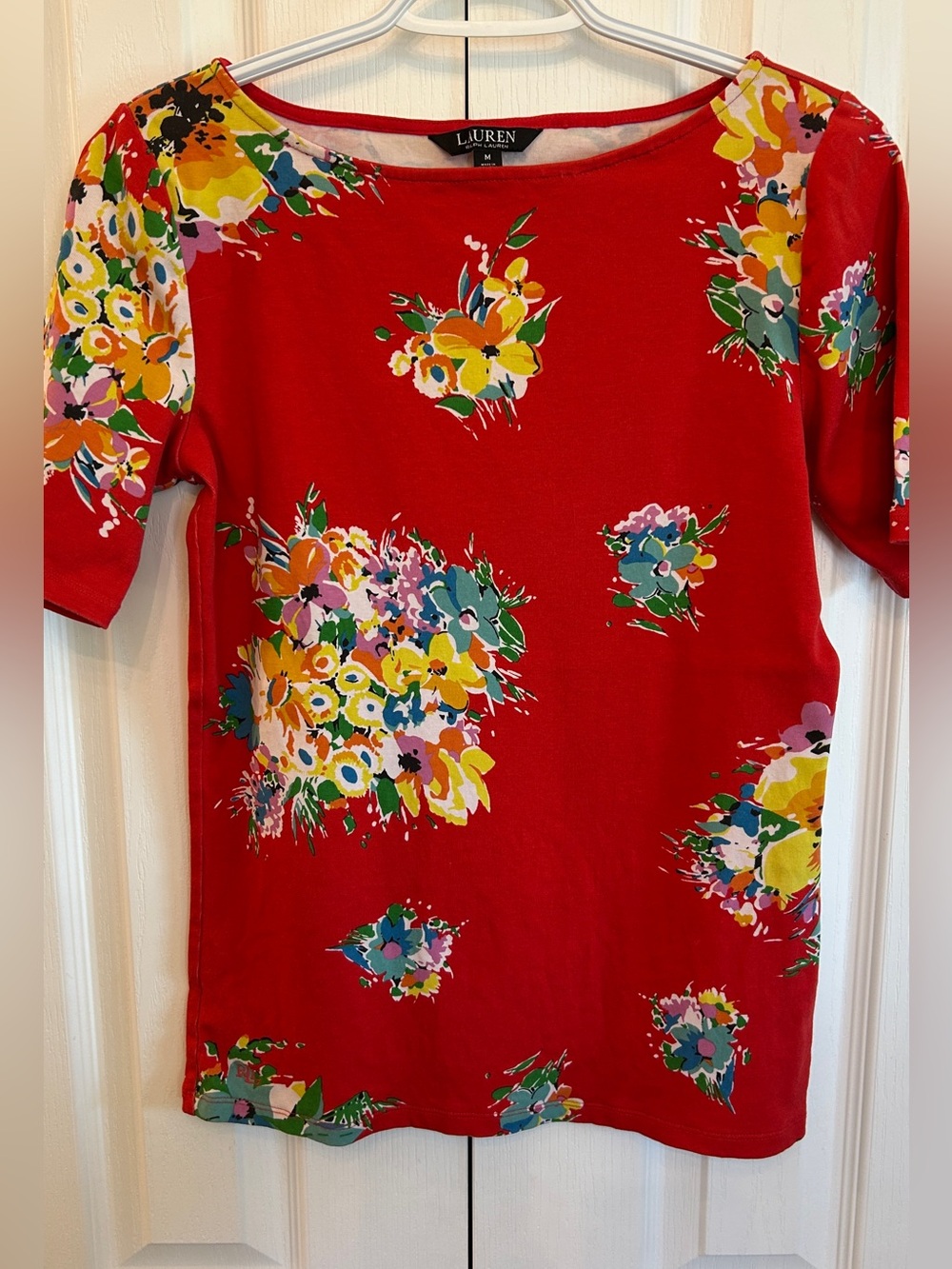 Lauren Ralph Lauren Black Label Floral Boat Neck Top Red Cotton Blend M